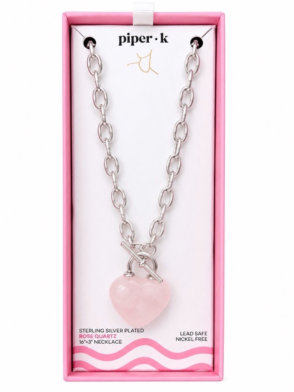 Piper K Pink Rose Quartz Heart Pendant Necklace Silver Plated NIB